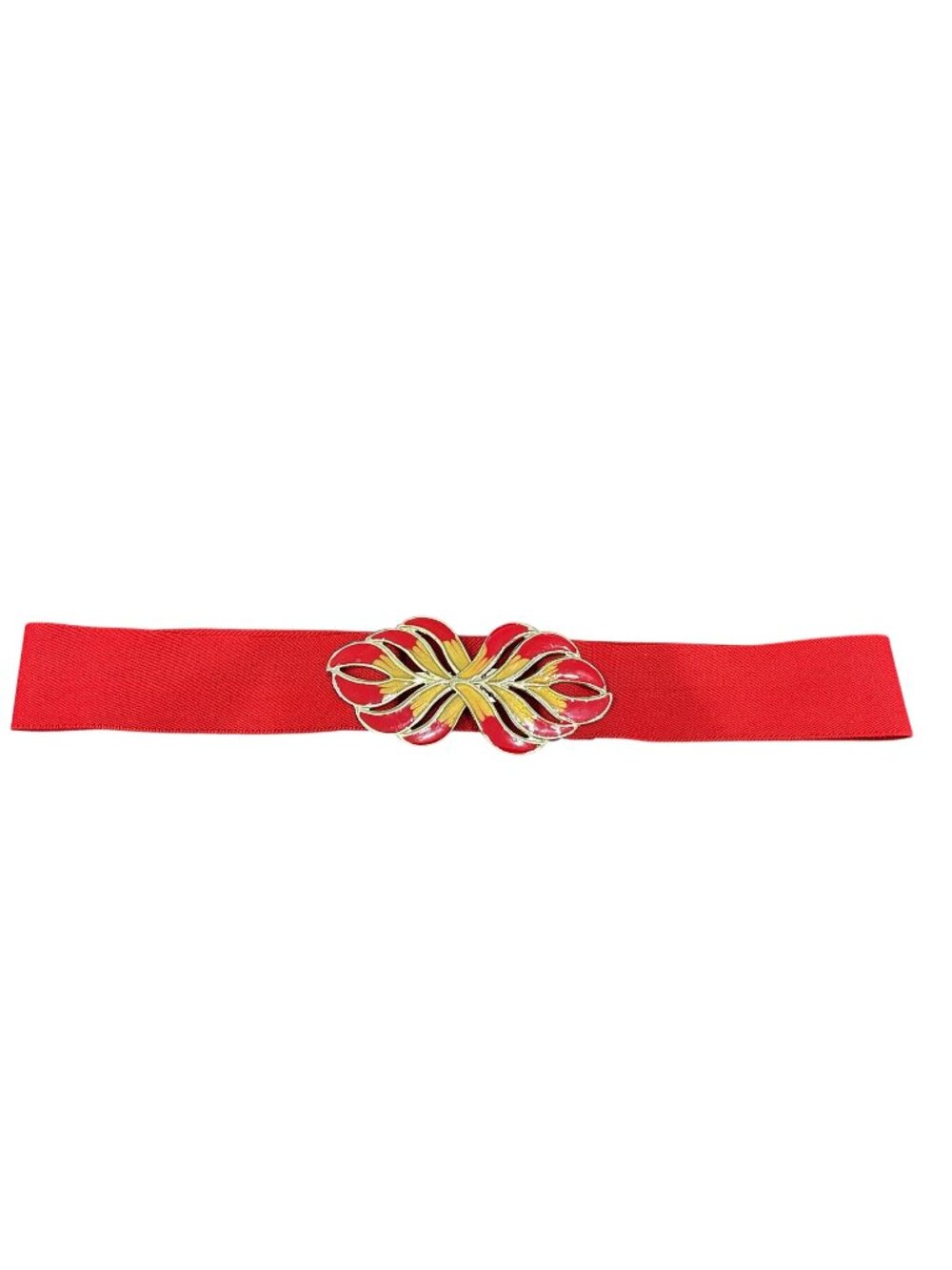 Vintage 32-Inch Red Elastic Belt Gold Enamel Floral Buckle Retro Floralcore
